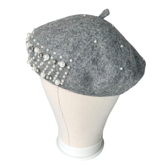 NEW Beret Hat Gray Wool Felt Beaded Embellished Rhinestones Pearls Coquette 90s - Picture 5 of 12